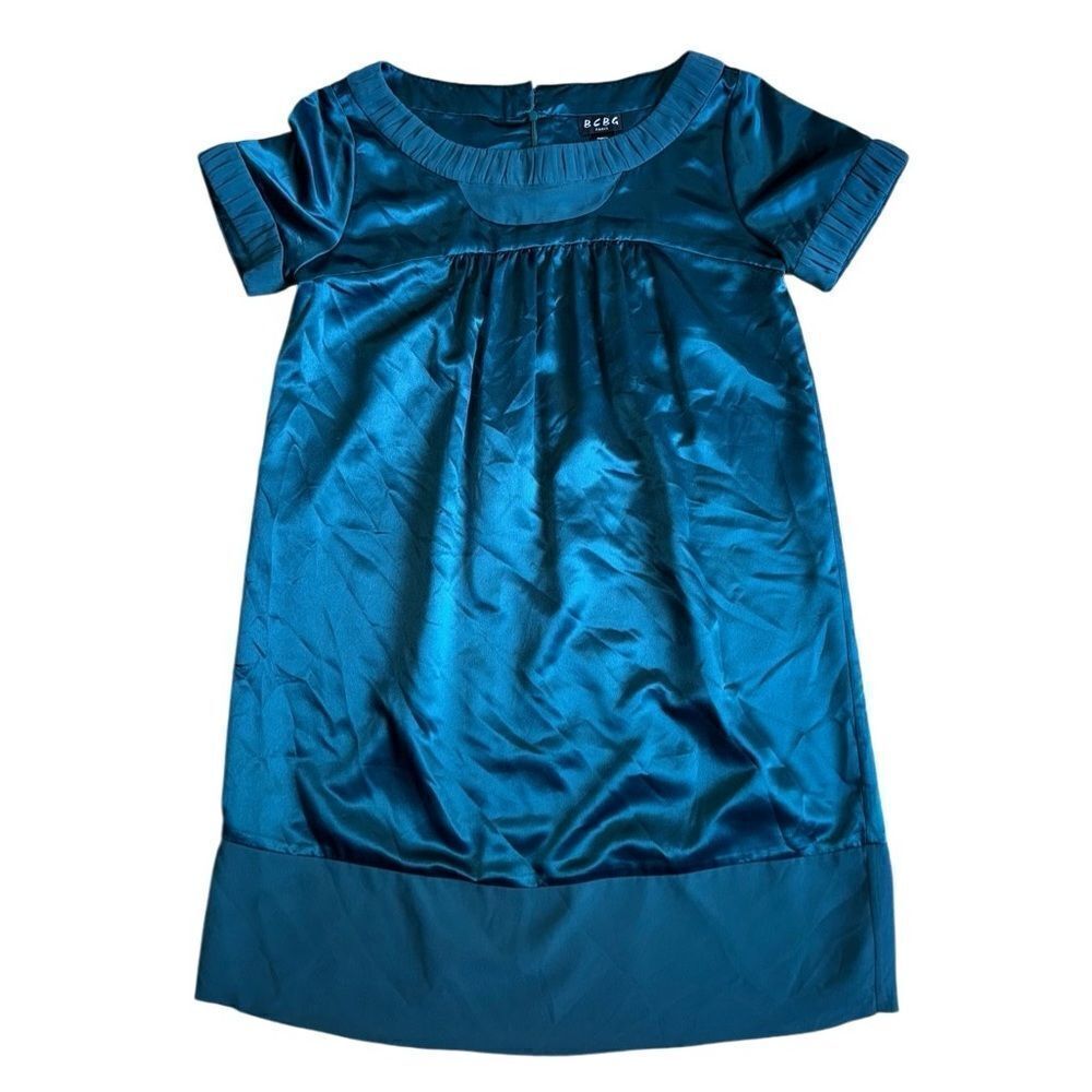 BCBG Paris Women's Satin Mini Shift Dress w/ Mesh in Teal/Green - Size 10